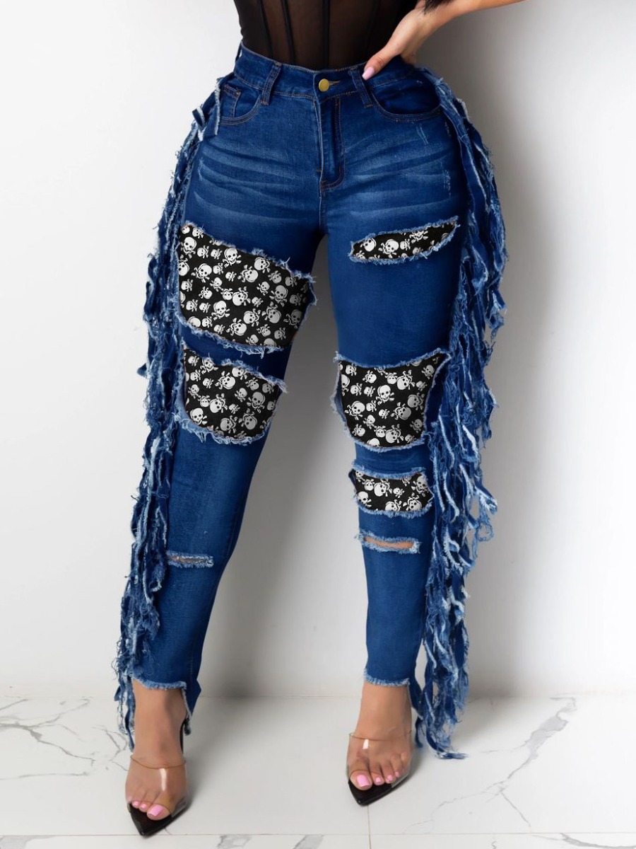 

lovely Stylish Tassel Design Patchwork Deep Blue Jeans