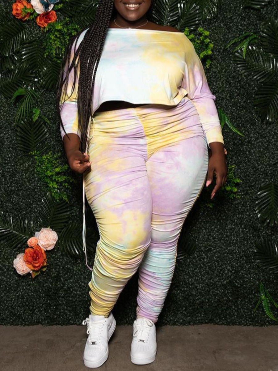 

Lovely Casual Fold Design Tie-dye Multicolor Plus Size Two-piece Pants Set, Multi