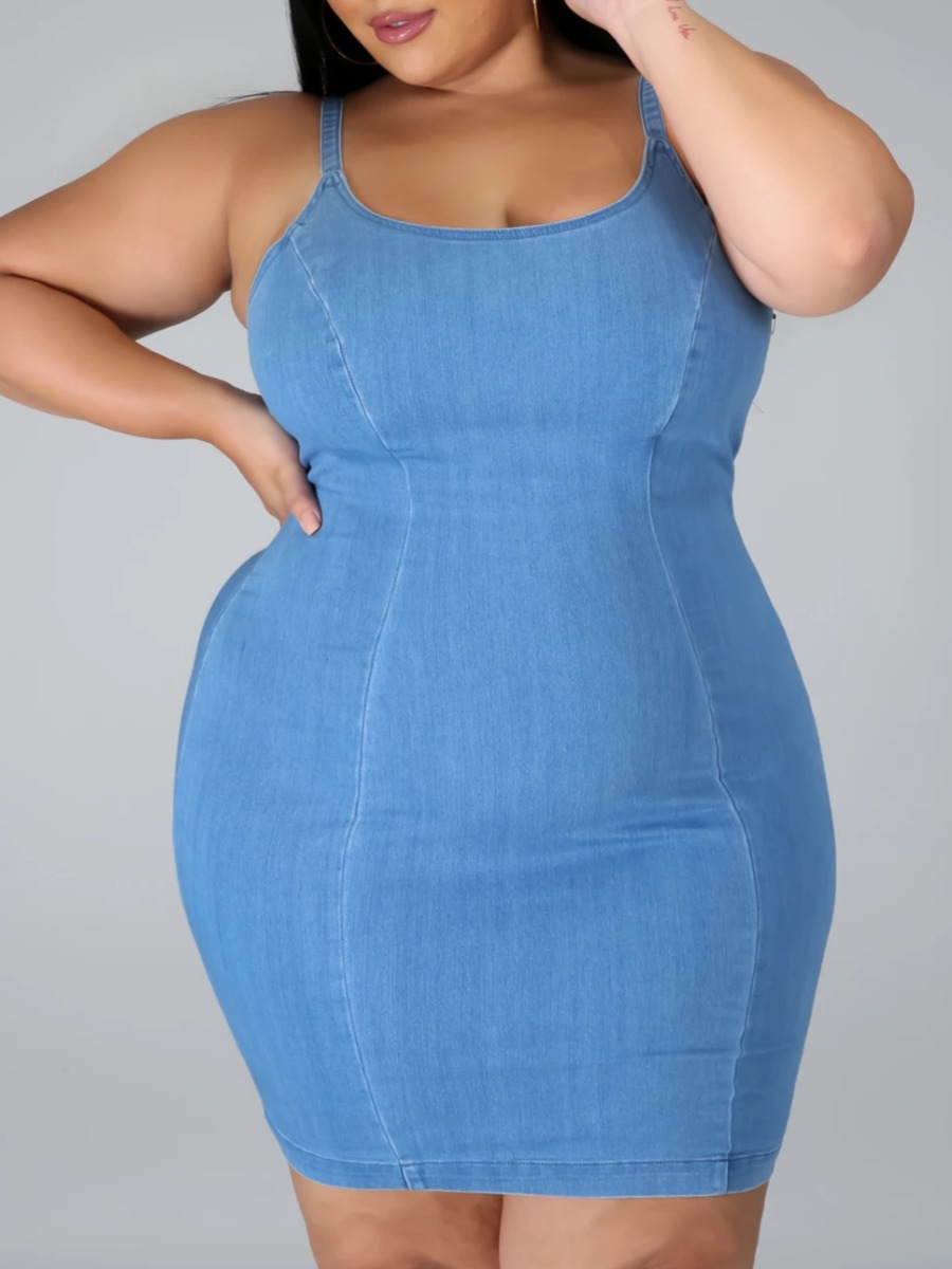 

Lovely Stylish Spaghetti Strap Patchwork Baby Blue Knee Length Plus Size Dress