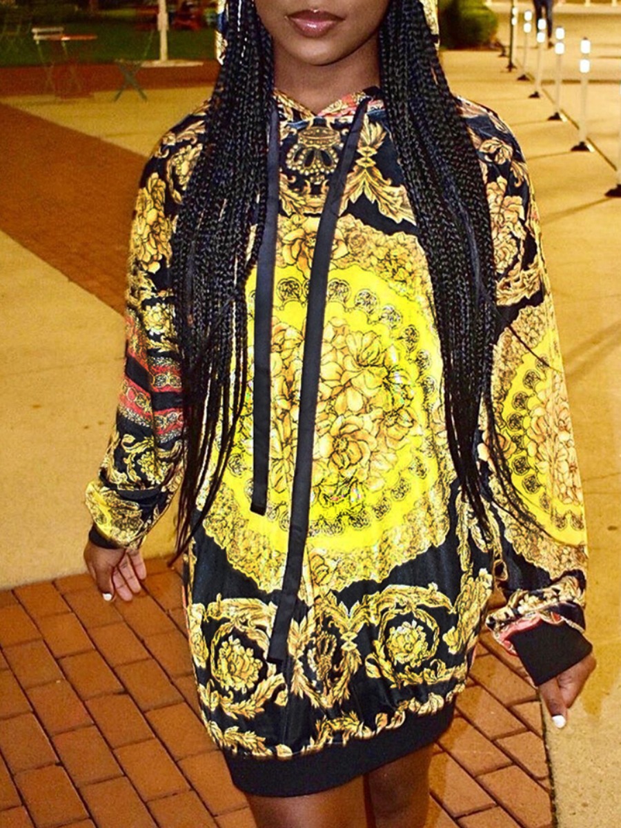 lovely Street Hooded Collar Versace Print Black Knee Length Dress