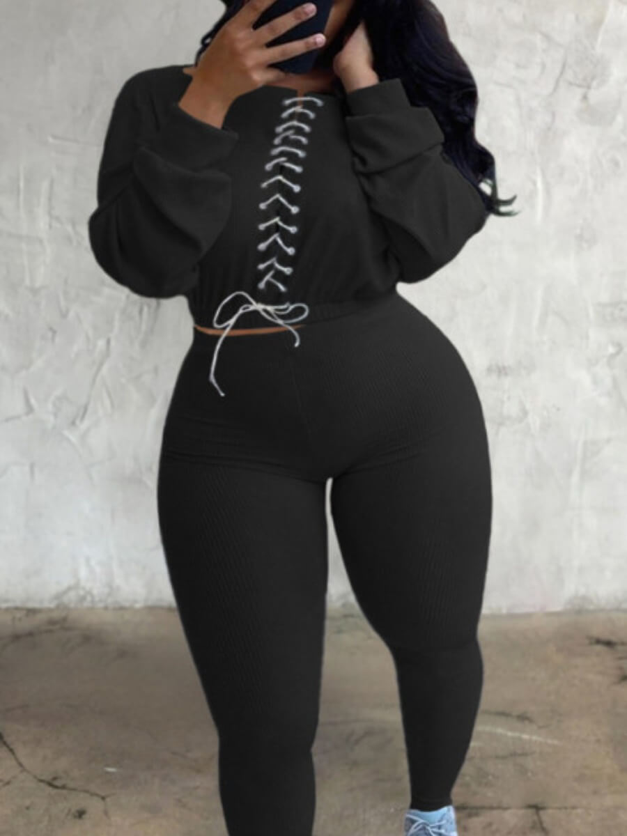 

Lovely Casual O Neck Bandage Design Black Plus Size Two-piece Pants Set