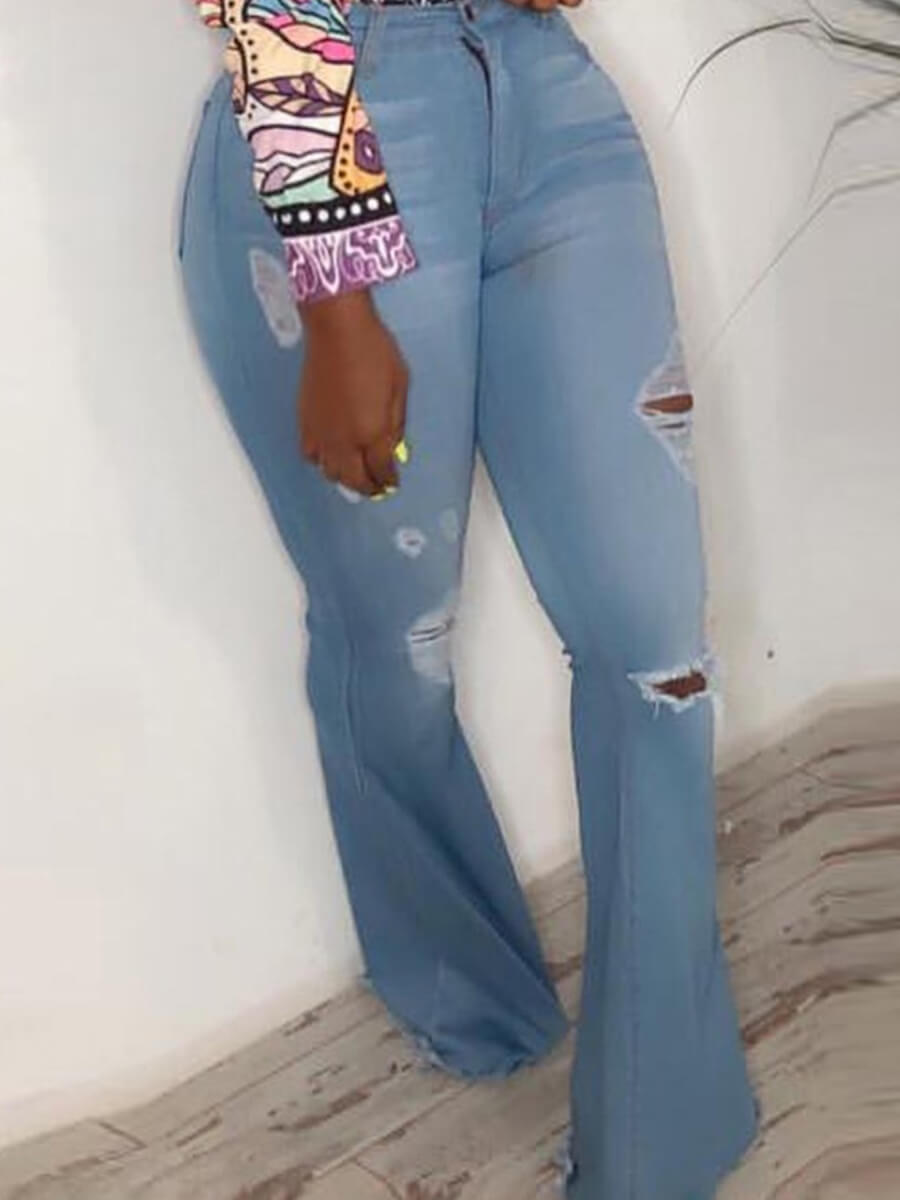 

Lovely Casual Broken Holes Blue Plus Size Jeans