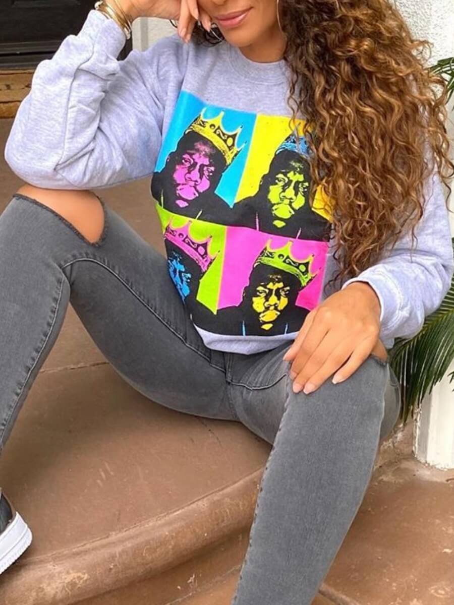 

Lovely Casual O Neck Print Grey Hoodie