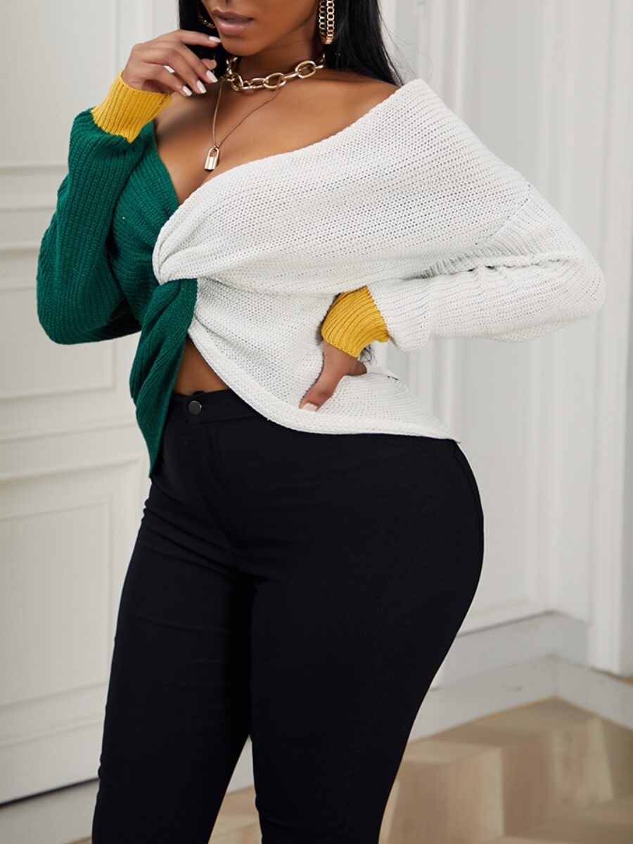 

Lovely Trendy V Neck Patchwork Knot Design Green Sweater