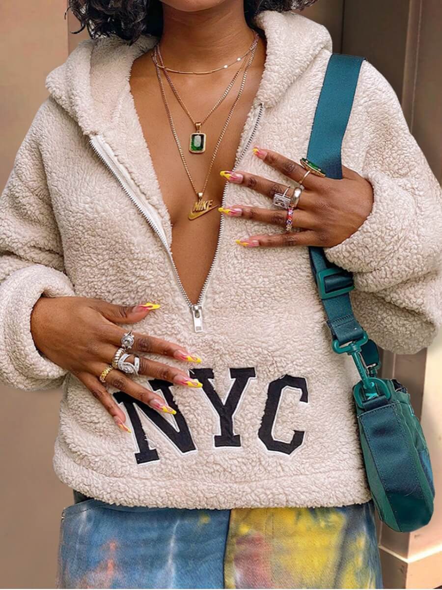 

Lovely Trendy Hooded Collar Letter Print Zipper Design Apricot Hoodie