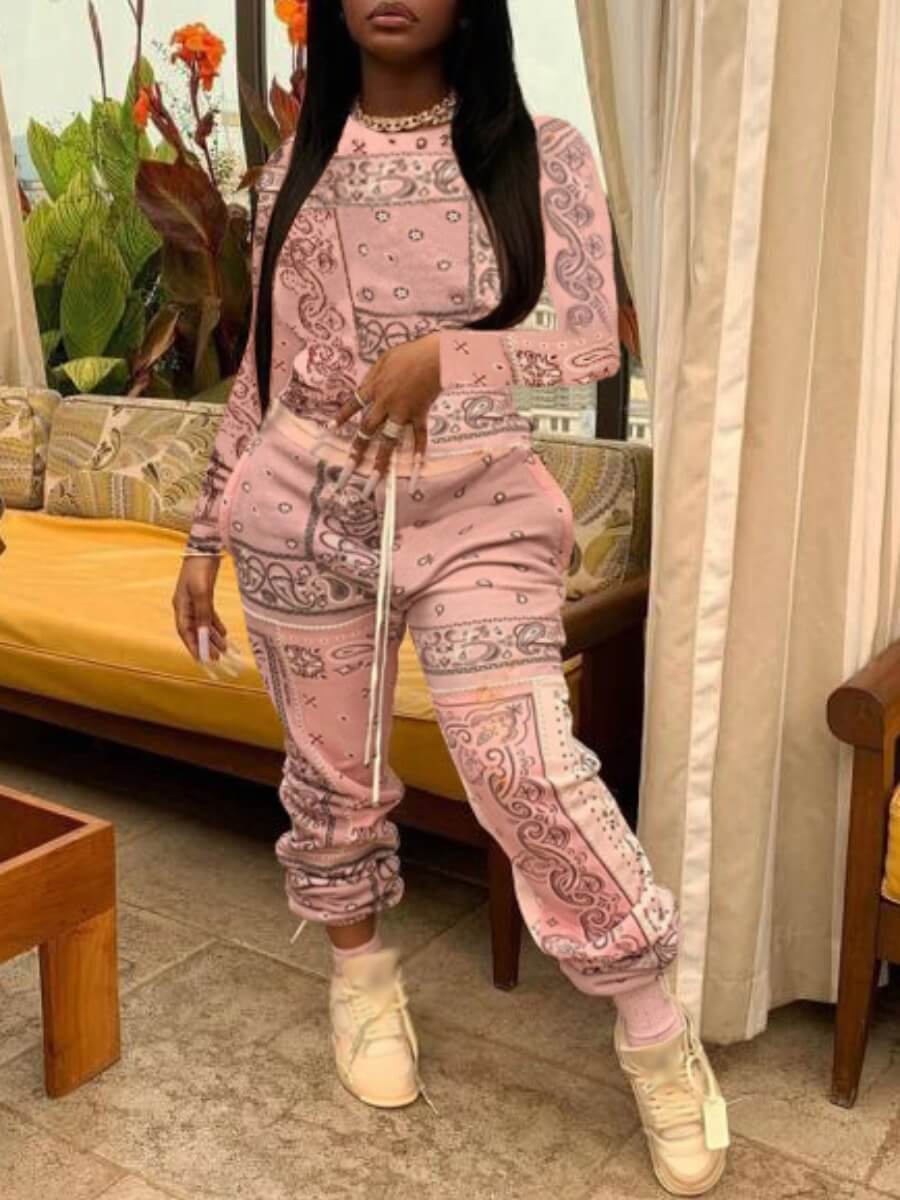 

LW Casual O Neck Print Pink Two Piece Pants Set