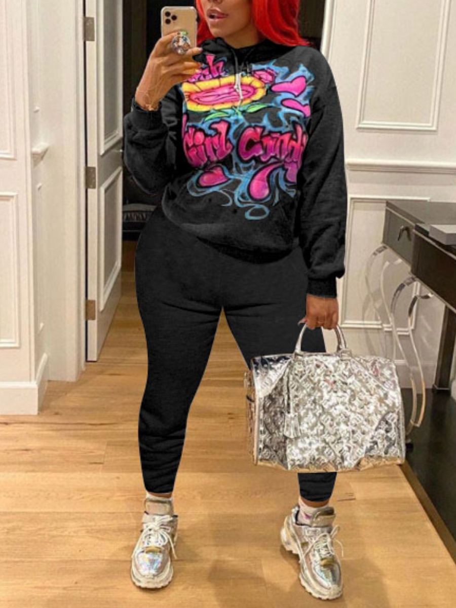 

lovely Street Hooded Collar Letter Print Black Two Piece Pants Set