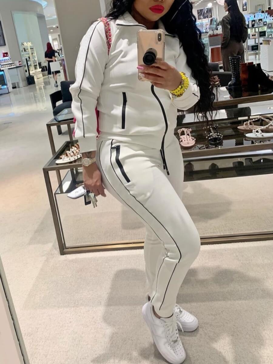 

LW Sportswear Turndown Collar Patchwork White Two Piece Pants Set