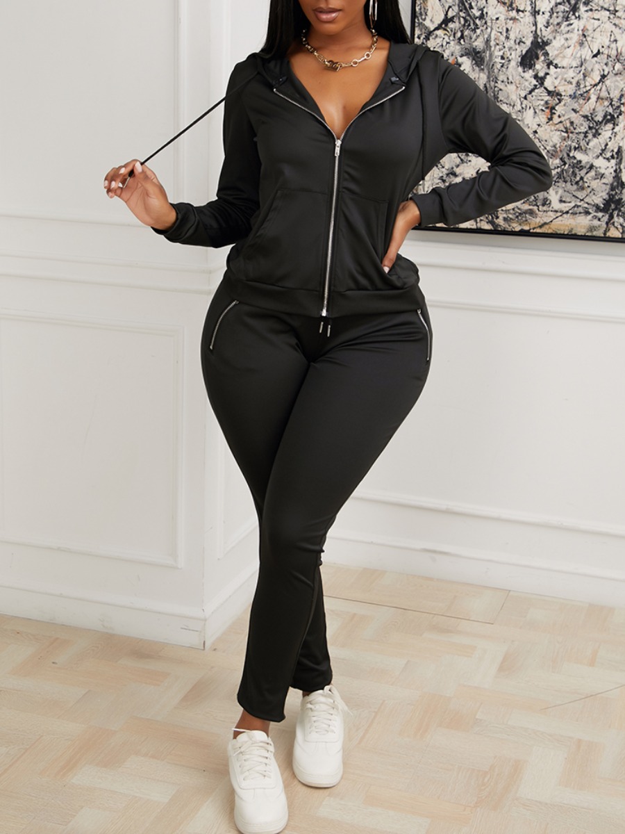 

lovely Casual Hooded Collar Zipper Design Black Two Piece Pants Set