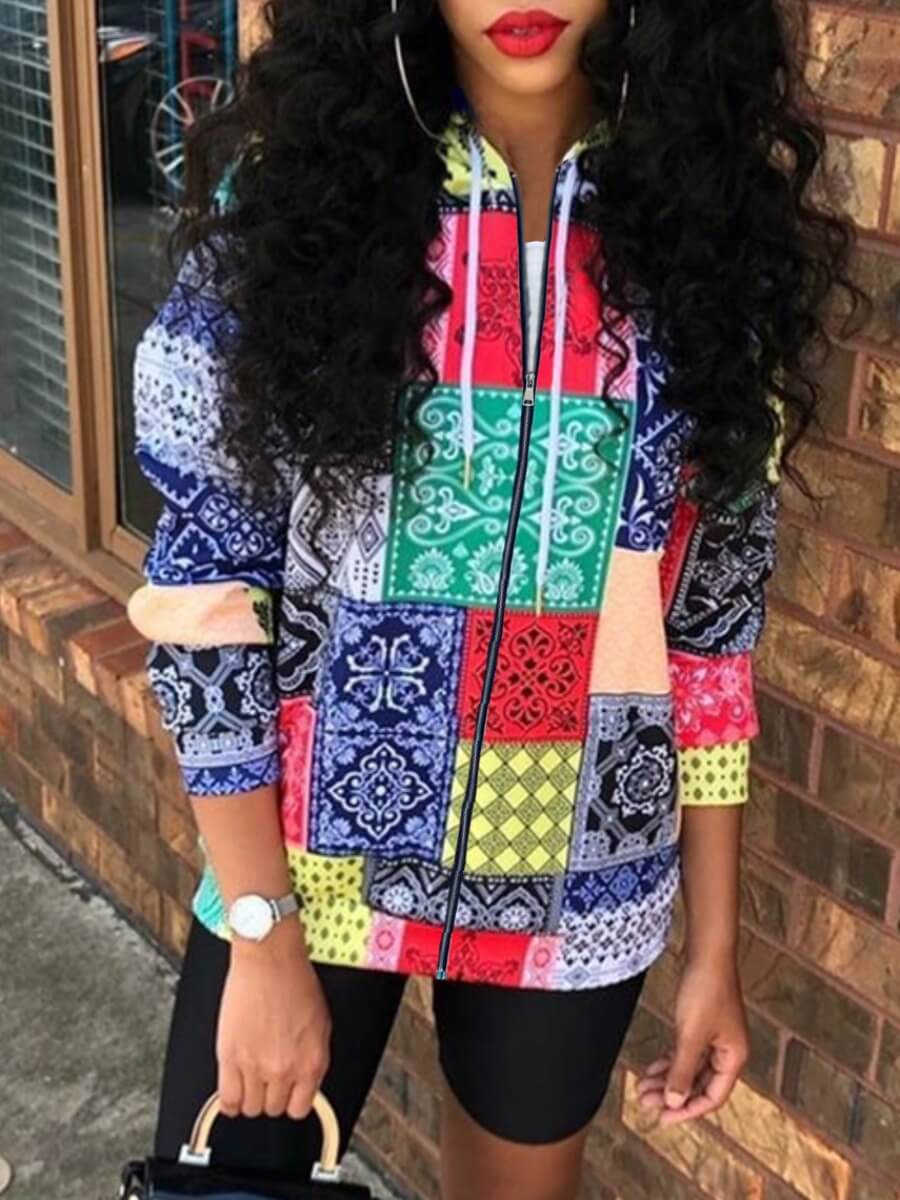 

Lovely Sportswear Hooded Collar Print Red Coat
