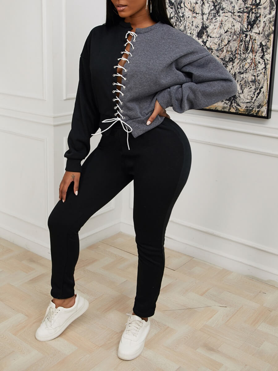 

Lovely Sportswear Bandage Design Patchwork Black Two Piece Pants Set