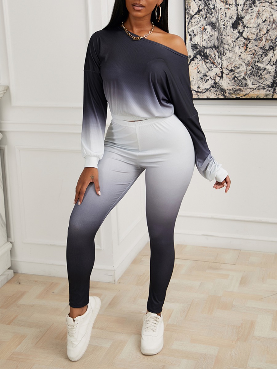 

lovely Leisure O Neck Gradient Black Two Piece Pants Set