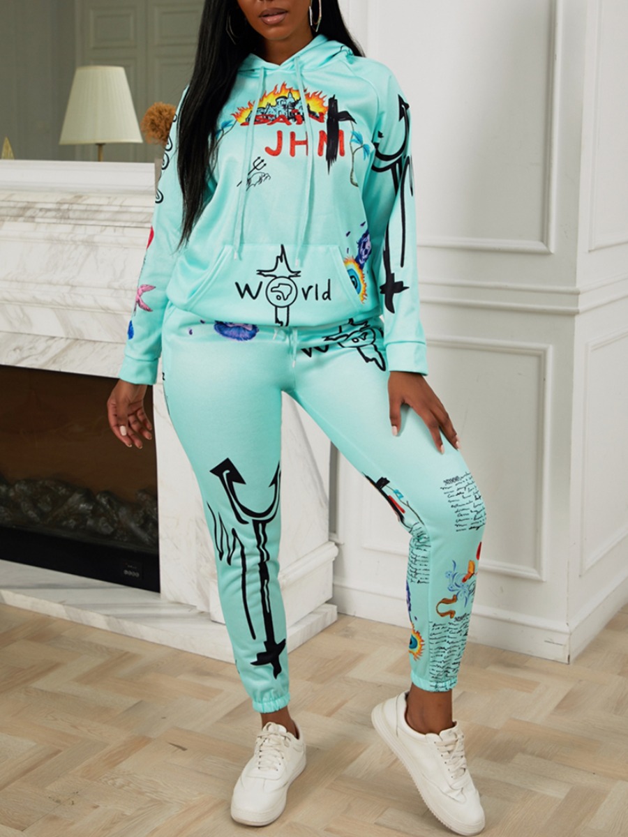 

lovely Sportswear Hooded Collar Print Green Two Piece Pants Set