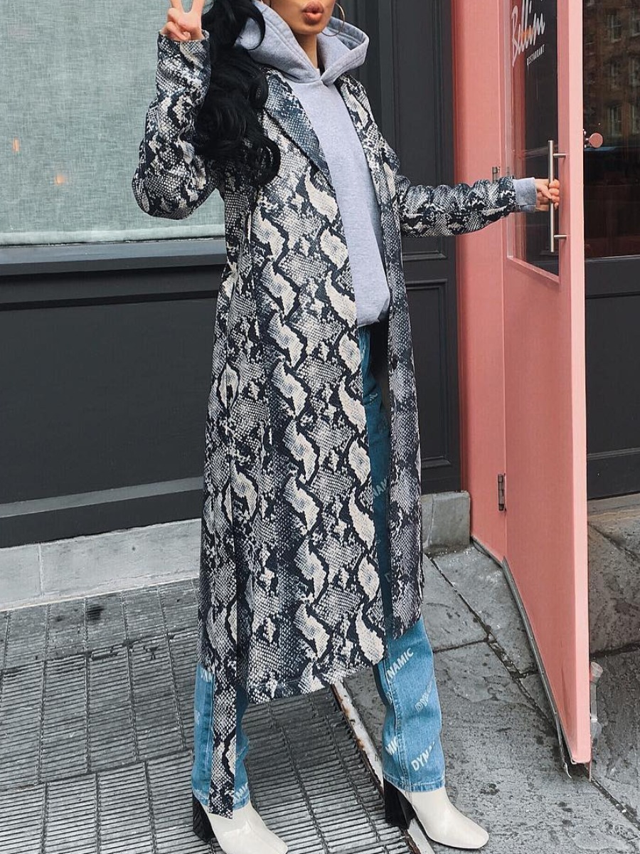 

lovely Stylish Turn-back Collar Snakeskin Print Long Coat, Cobra