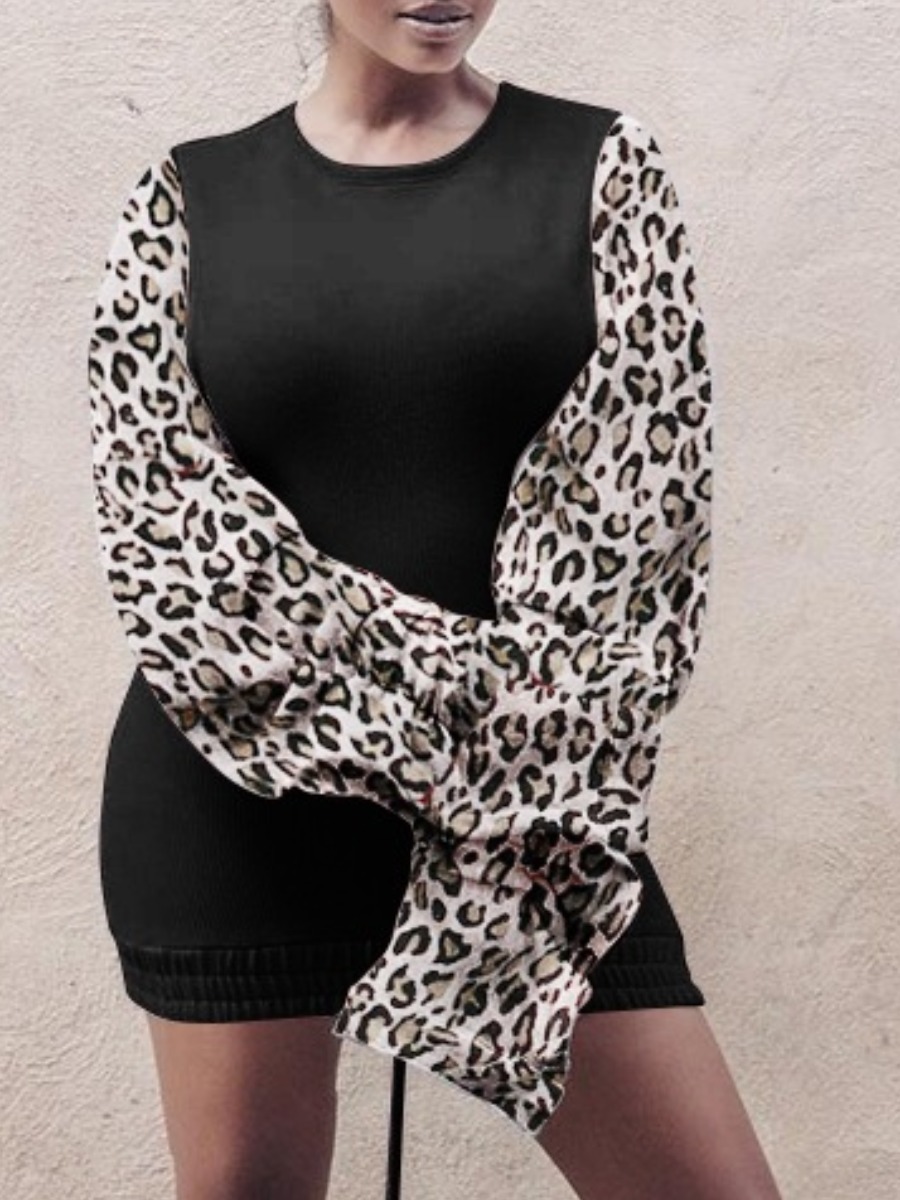

lovely Trendy O Neck Leopard Print Patchwork Black Mini Dress