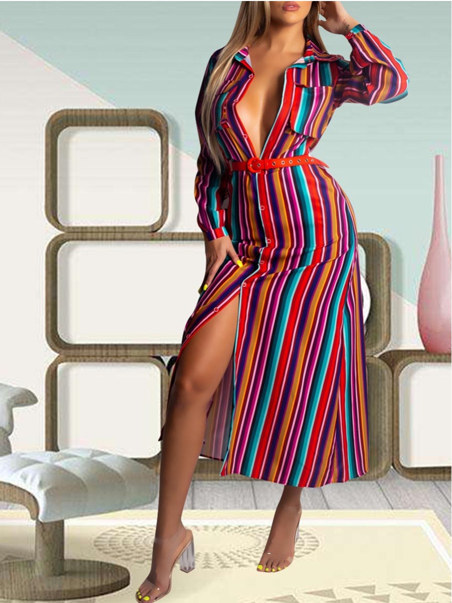 

lovely Trendy Turndown Collar Rainbow Striped Red Mid Calf Dress, Red stripe