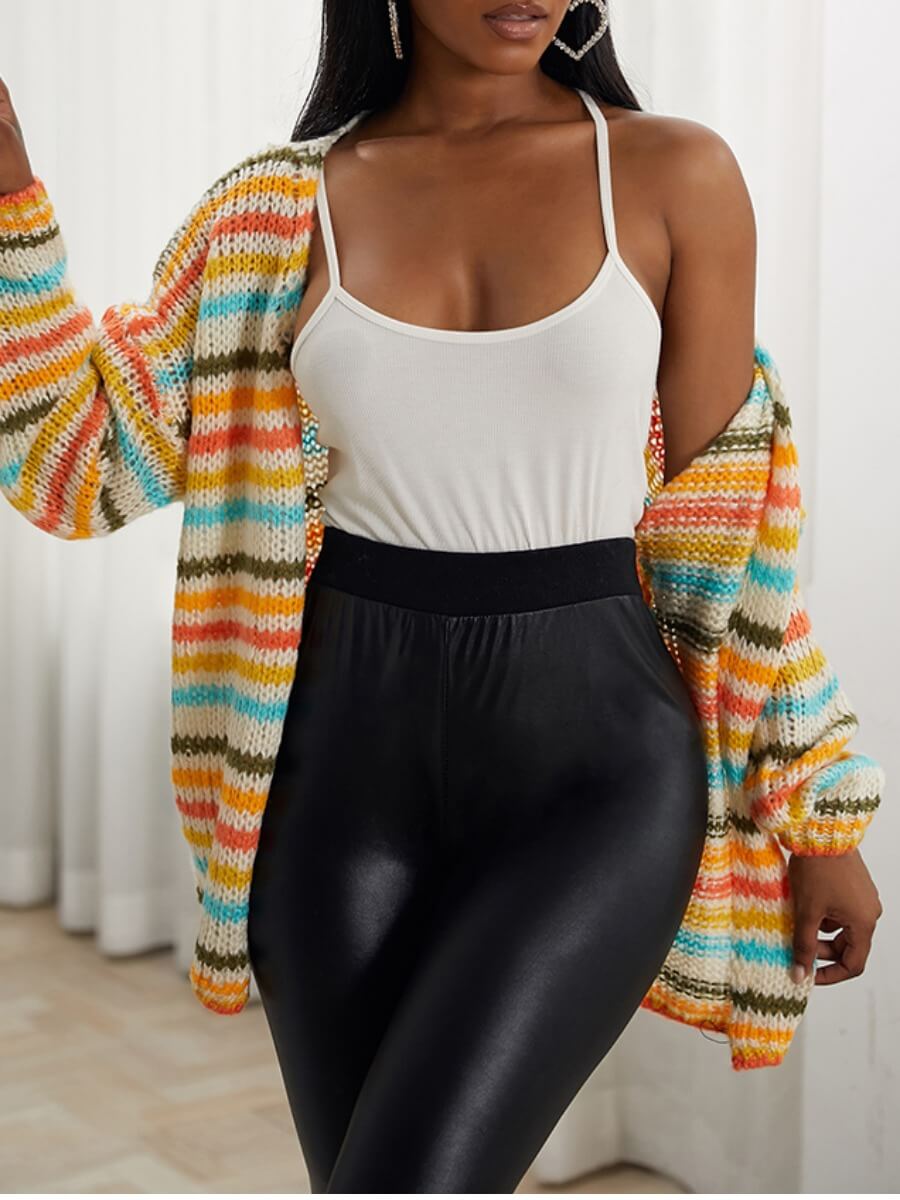 

Lovely Trendy Rainbow Striped Orange Cardigan