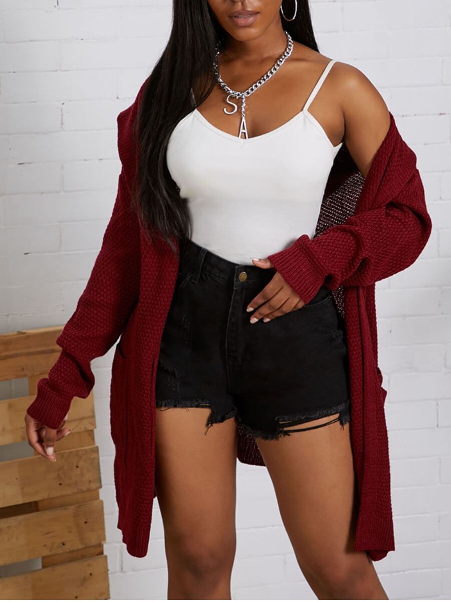lovely Casual Hooded Collar Loose Purplish Red Cardigan