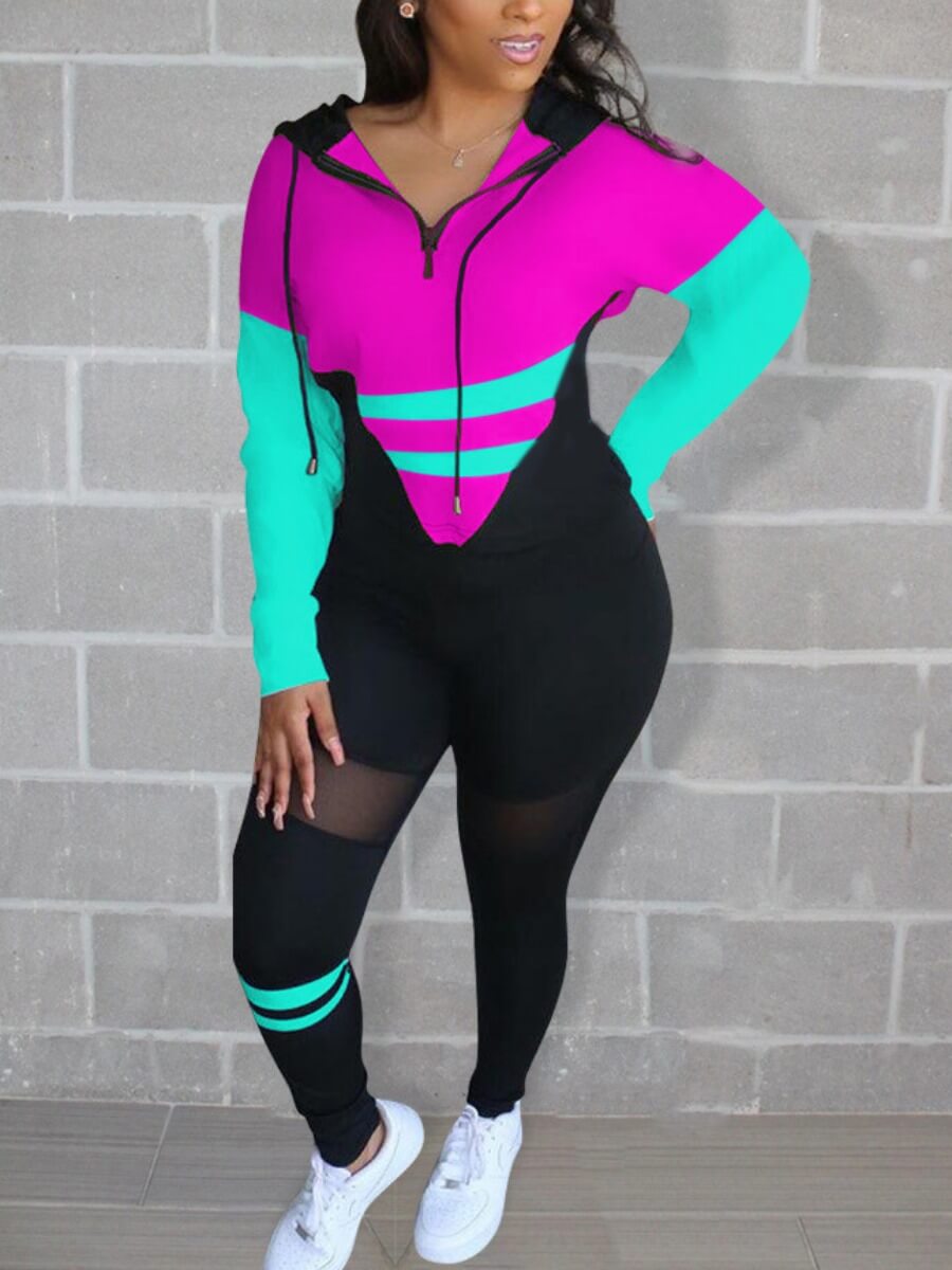 

Lovely Sportswear Hooded Collar Patchwork Rose Red Two Piece Pants Set