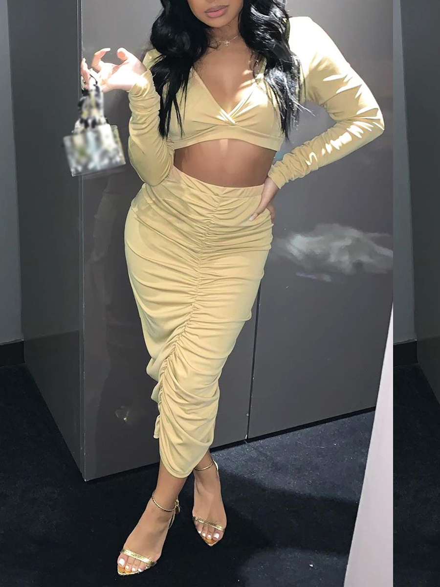 

lovely Trendy V Neck Fold Design Yellow Two Piece Skirt Set