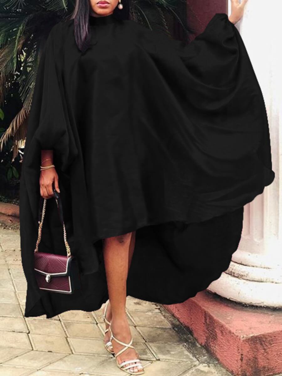 lovely Casual Half A Turtleneck Loose Asymmetrical Black Ankle Length Dress