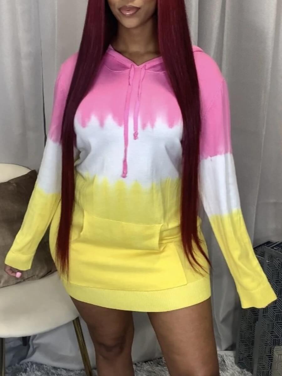 

Lovely Casual Hooded Collar Gradient Print Pink Mini Dress