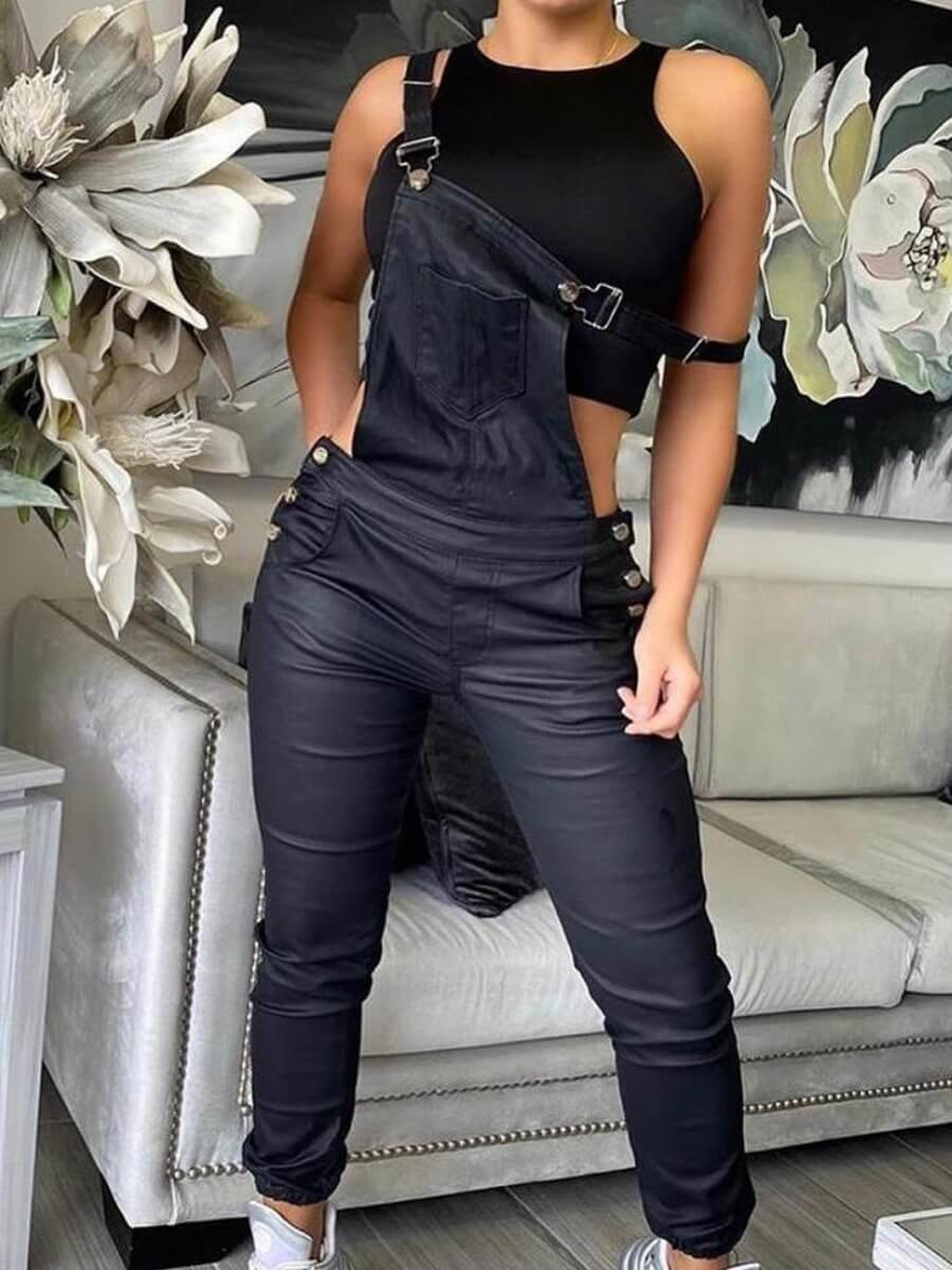 

LW BASICS Buttons Design Leather Jumpsuit, Black