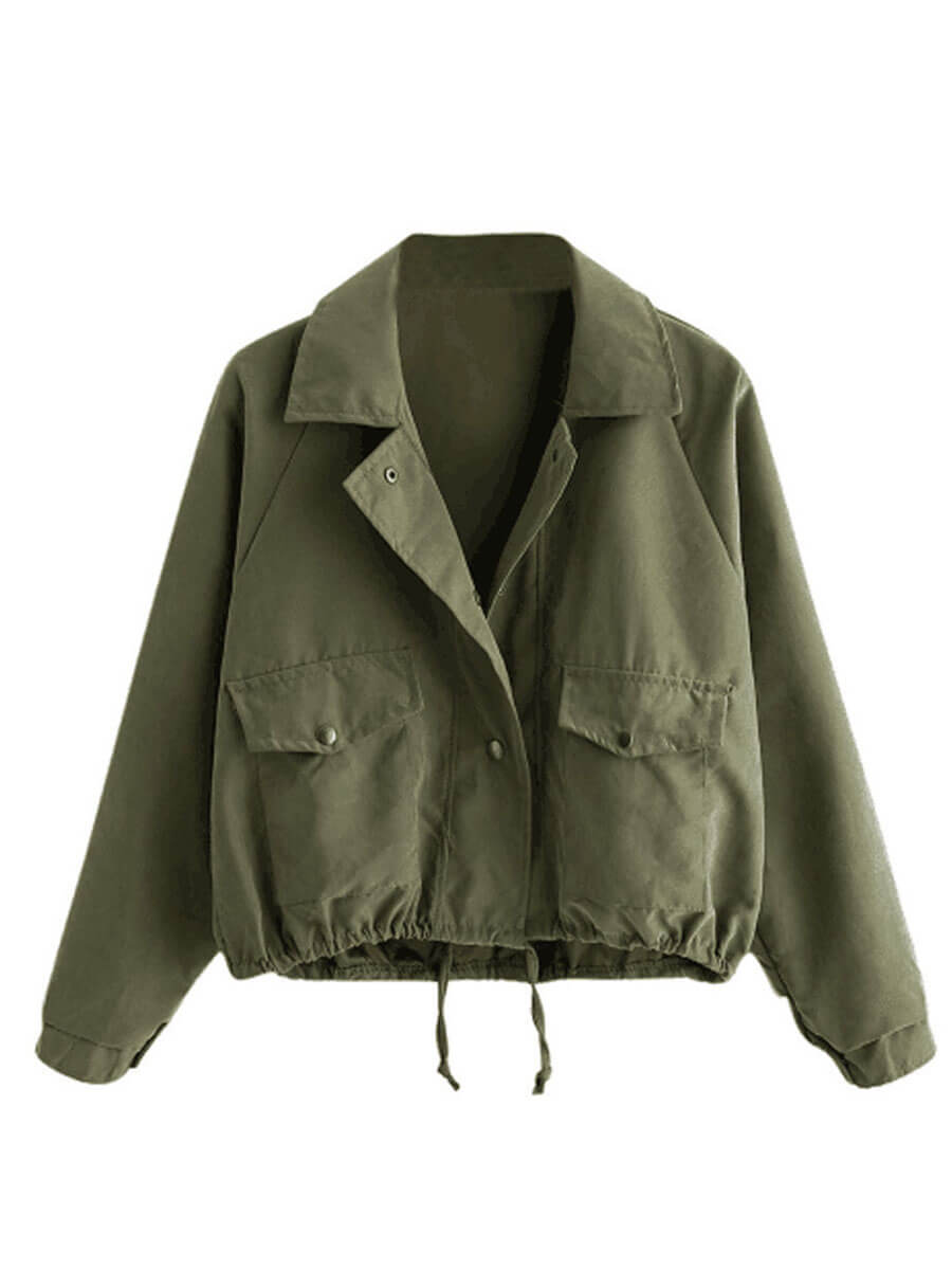

Lovely Leisure Turndown Collar Pocket Patched Drawstring Army Green Coat