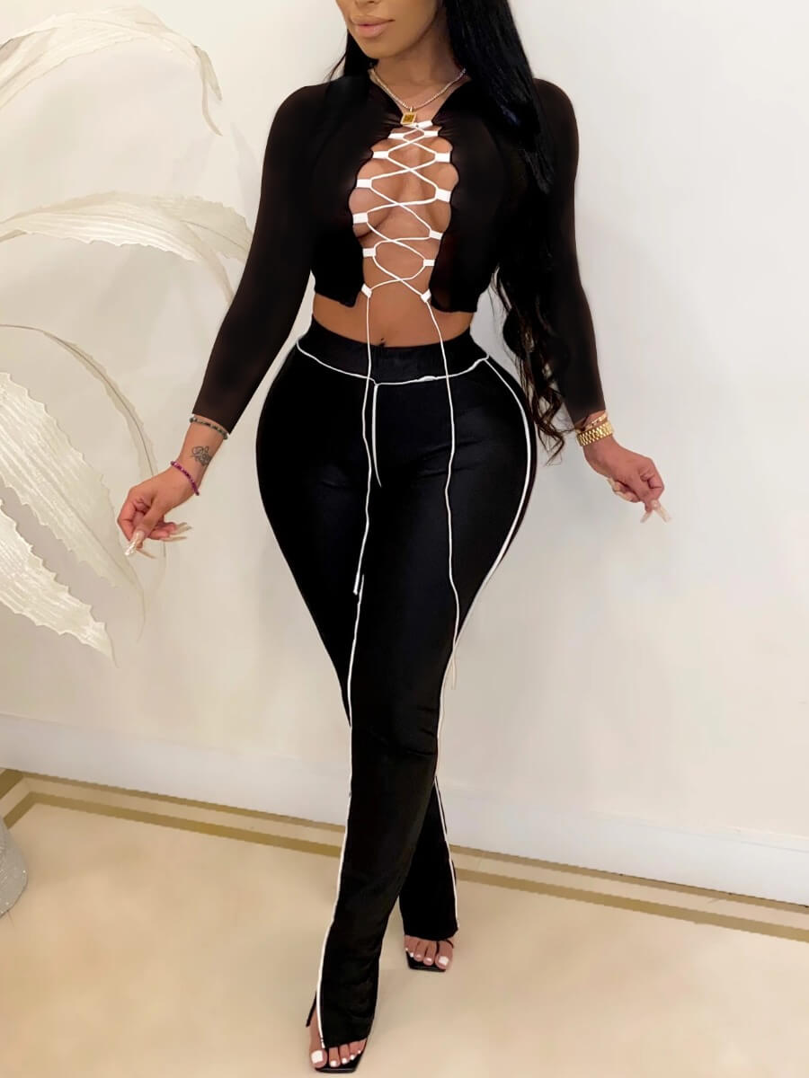 lovely Sportswear Bandage Design Patchwork Black Two Piece Pants Set