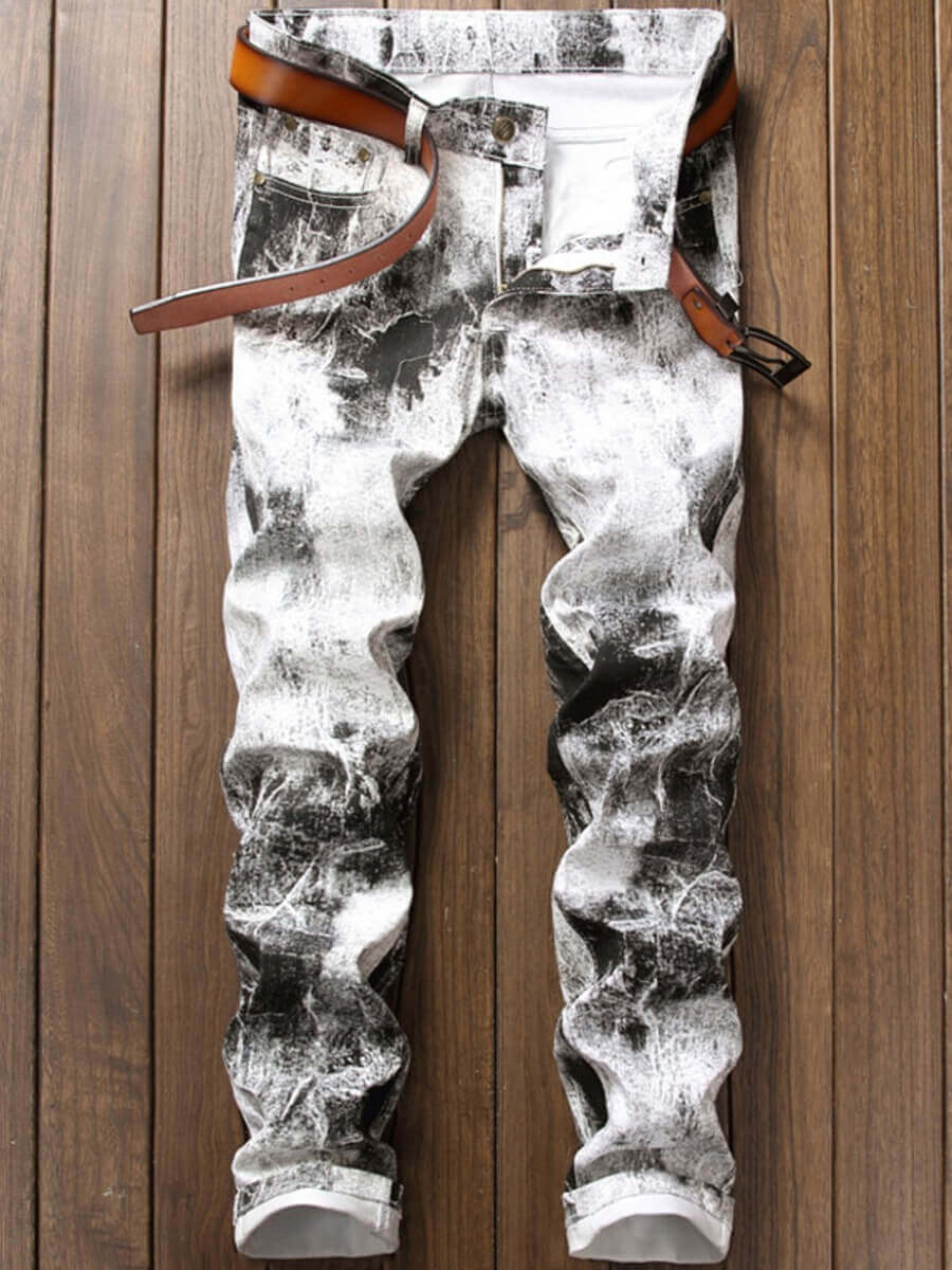 

LW COTTON Men Street Gradient Print Pocket Design Jeans, White