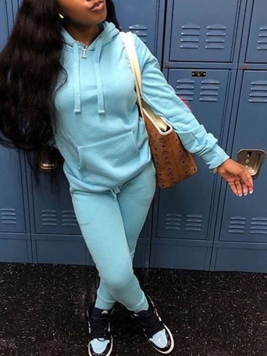 lovely Casual Hooded Collar Basic Blue Two Piece Pants Set