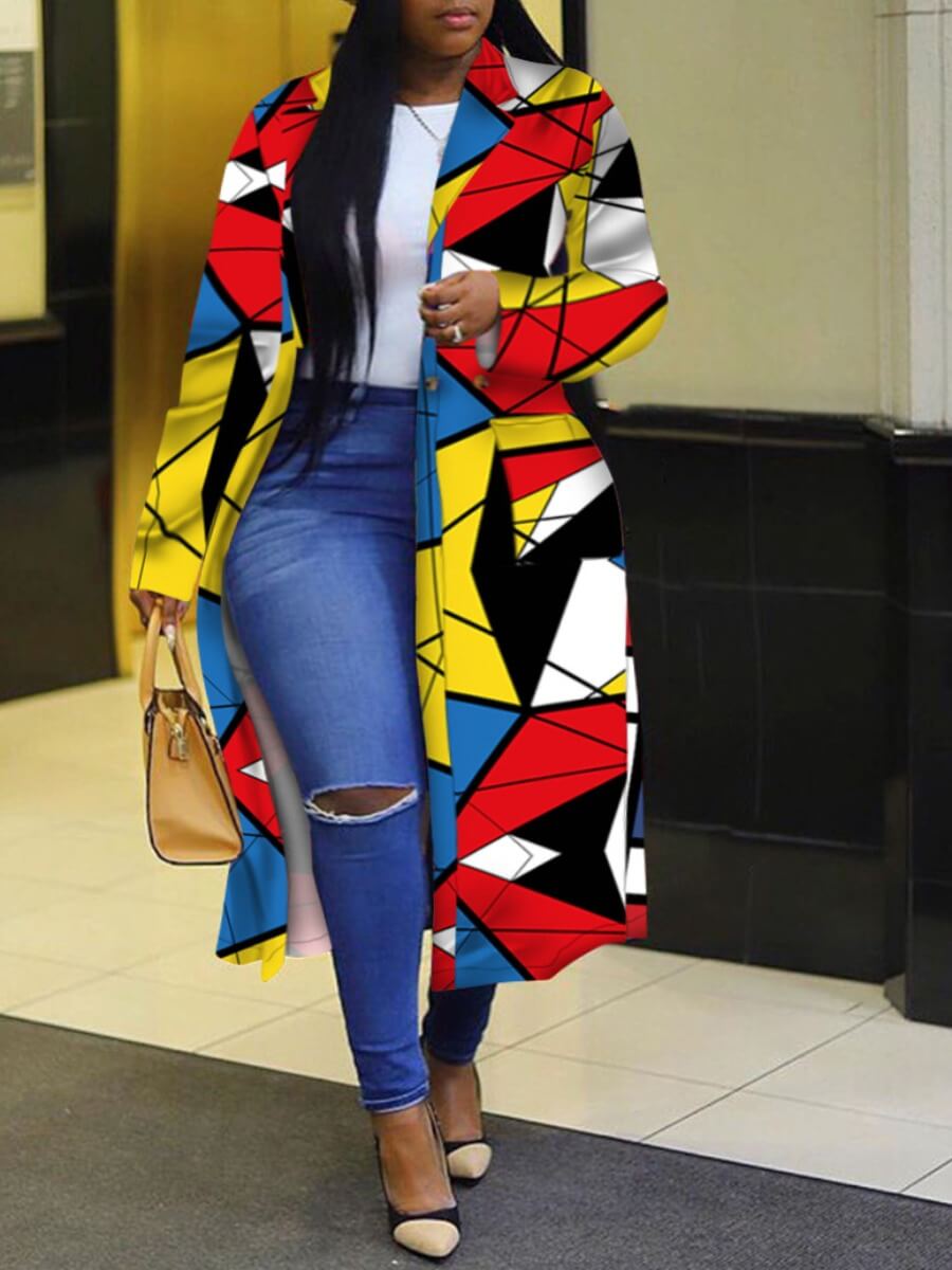 lovely Trendy Turndown Collar Print Multicolor Long Plus Size Trench Coat