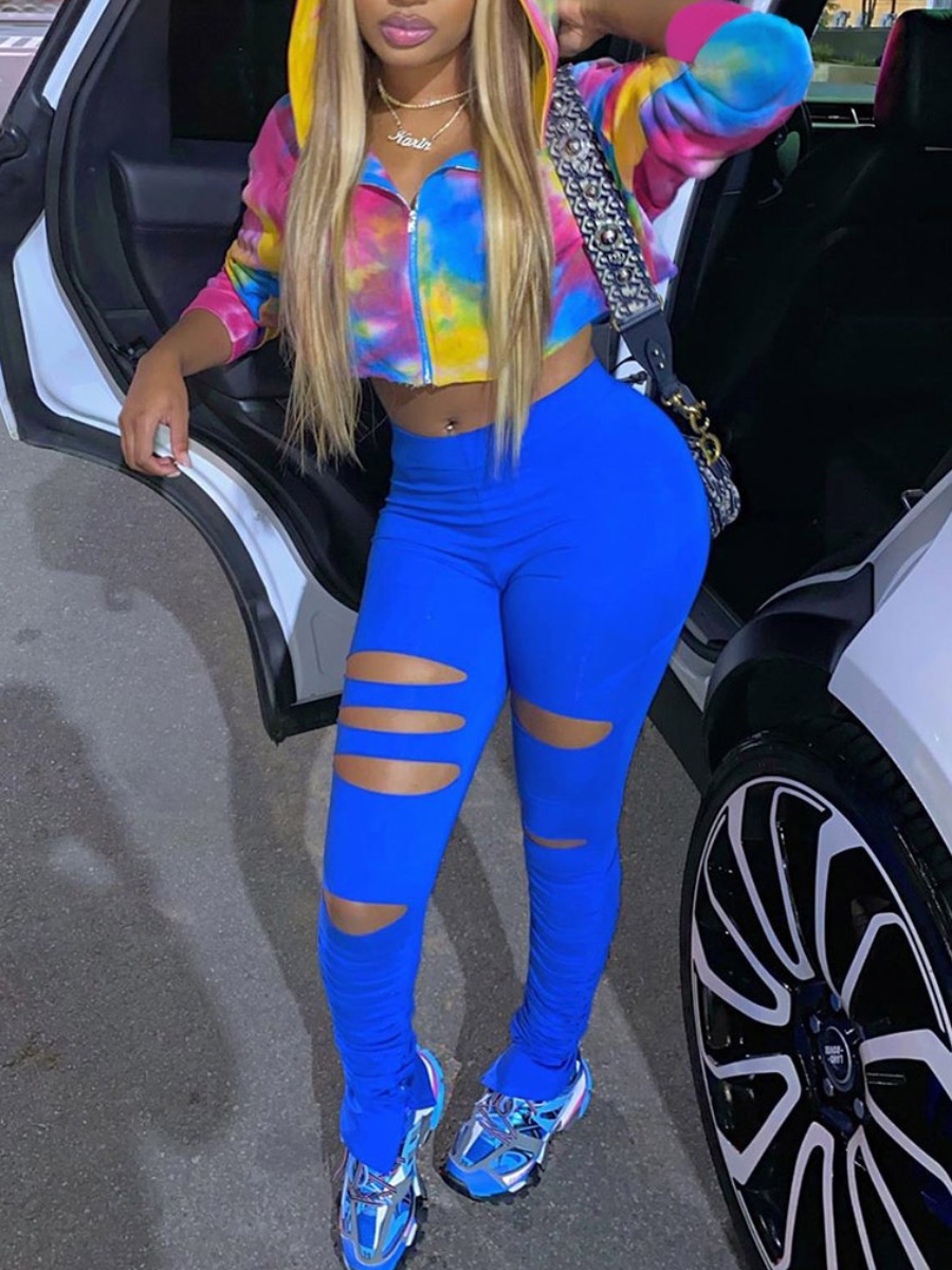 

Lovely Stylish Tie Dye Broken Holes Blue Two Piece Pants Set(Batch Print
