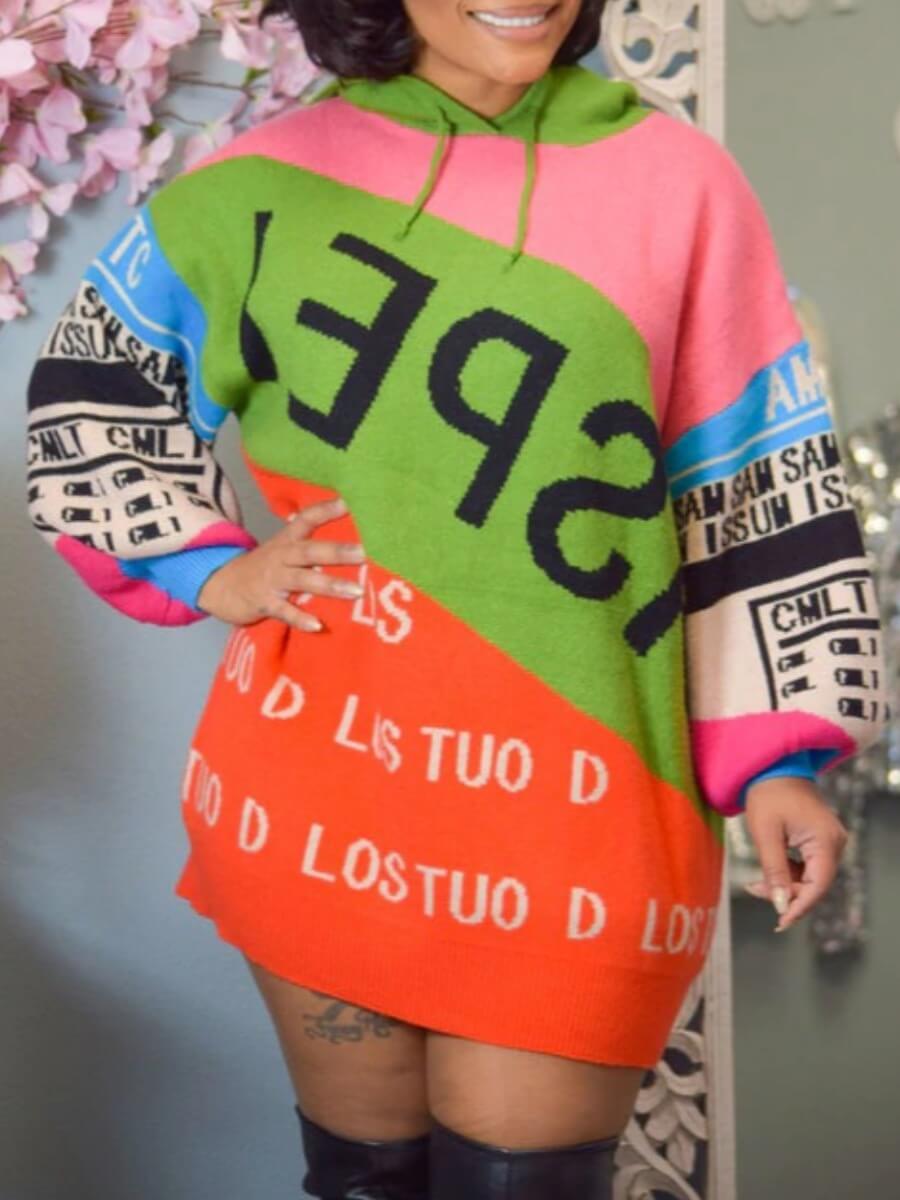 

Lovely Street Hooded Collar Letter Print Patchwork Multicolor Mini Dress, Multi