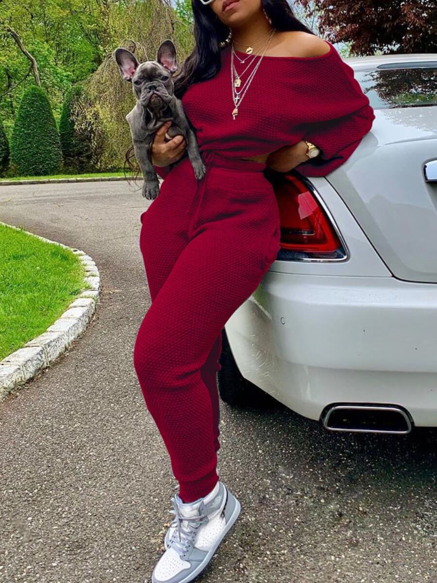 

Lovely Casual Basic Loose Purplish Red Two Piece Pants Set