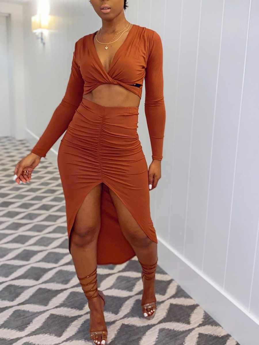lovely Sexy V Neck Fold Design Jacinth Two Piece Skirt Set