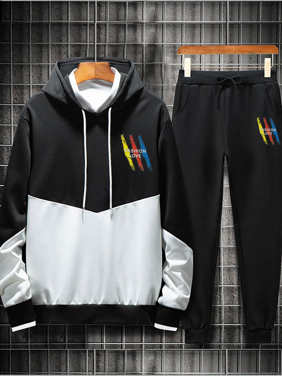 lovely Casual Hooded Collar Patchwork Black Men Two-piece Pants Set