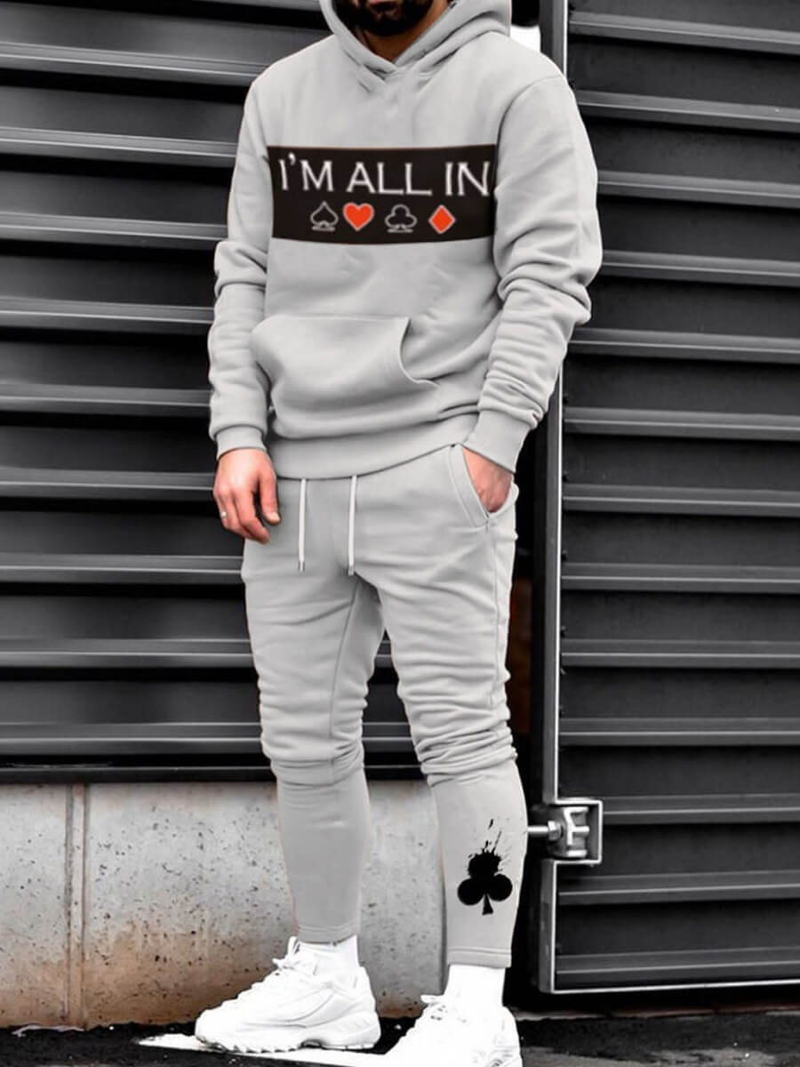 lovely Leisure Hooded Collar Print Grey Men Two-piece Pants Set