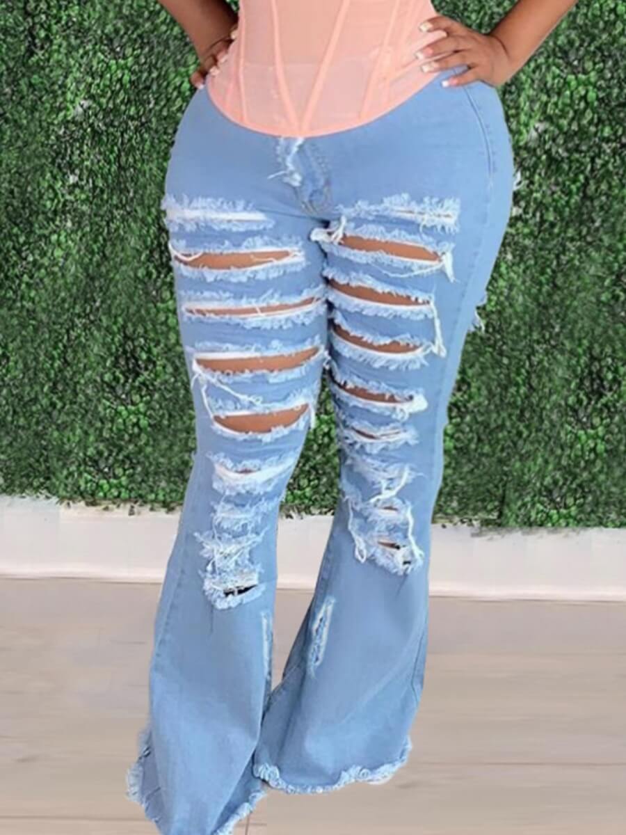 lovely Street Broken Holes Blue Plus Size Jeans