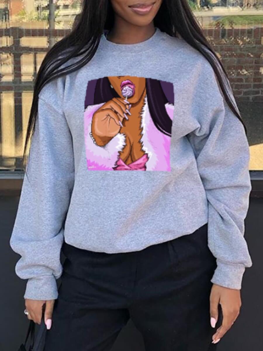 lovely Casual O Neck Print Grey Hoodie