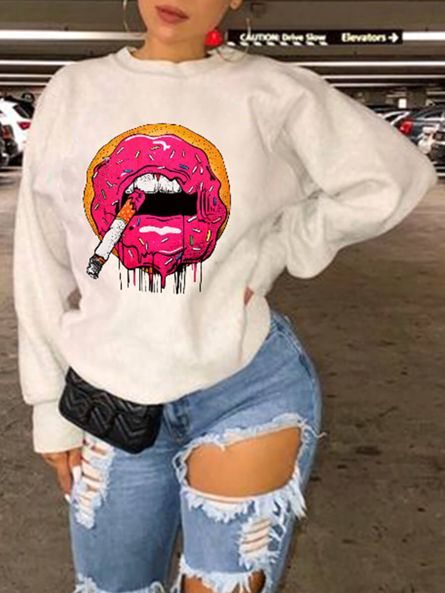 

Lovely Casual O Neck Lip Print White Hoodie