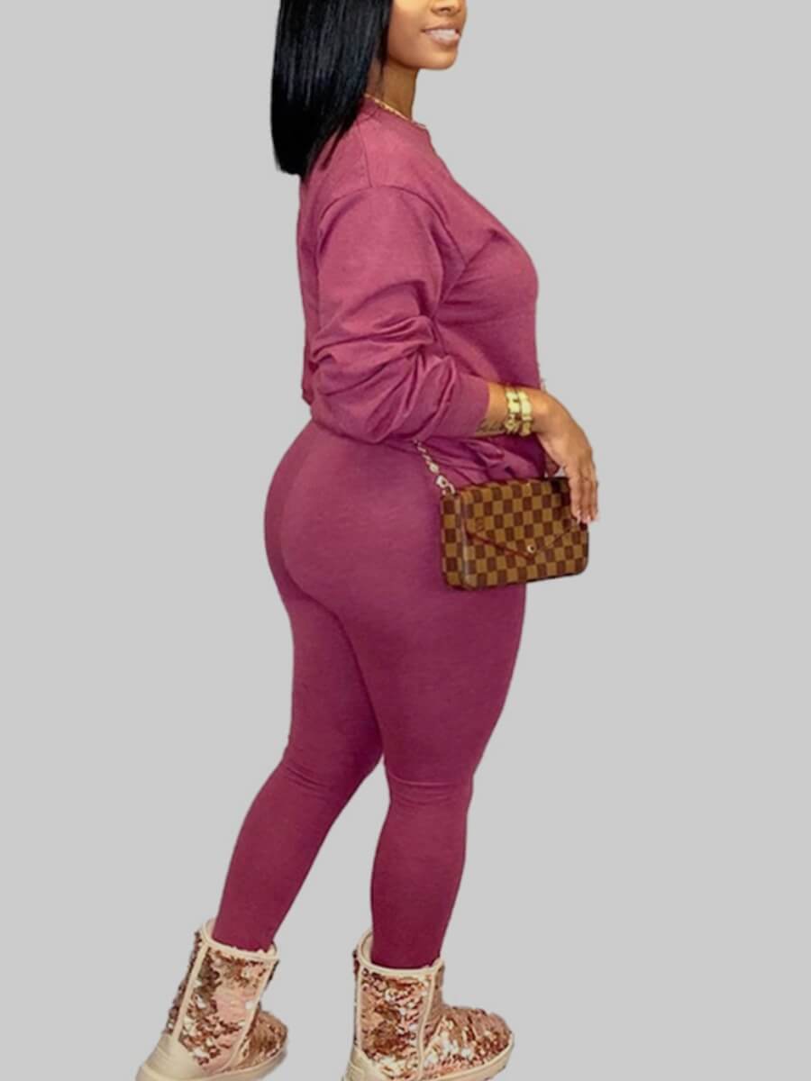 lovely Casual O Neck Basic Purple Plus Size Two-piece Pants Set