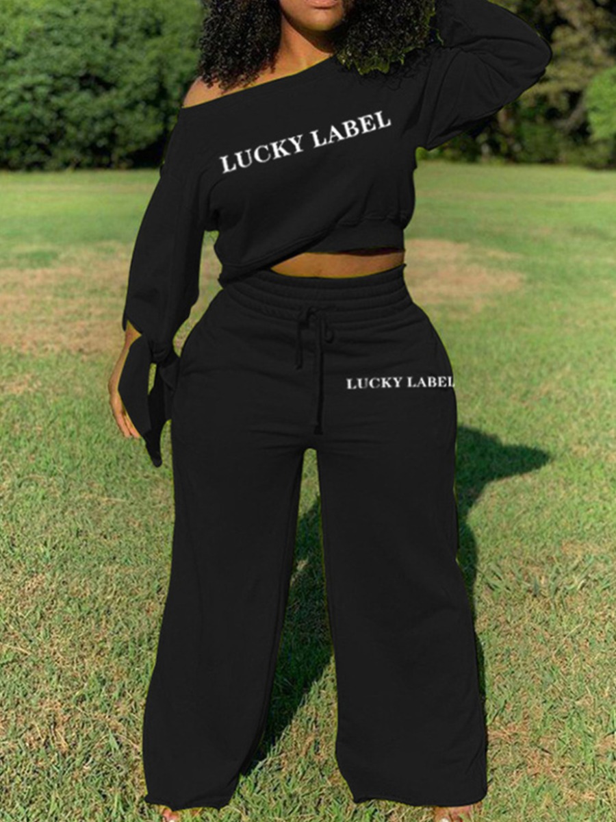 lovely Leisure Letter Print Loose Black Plus Size Two-piece Pants Set