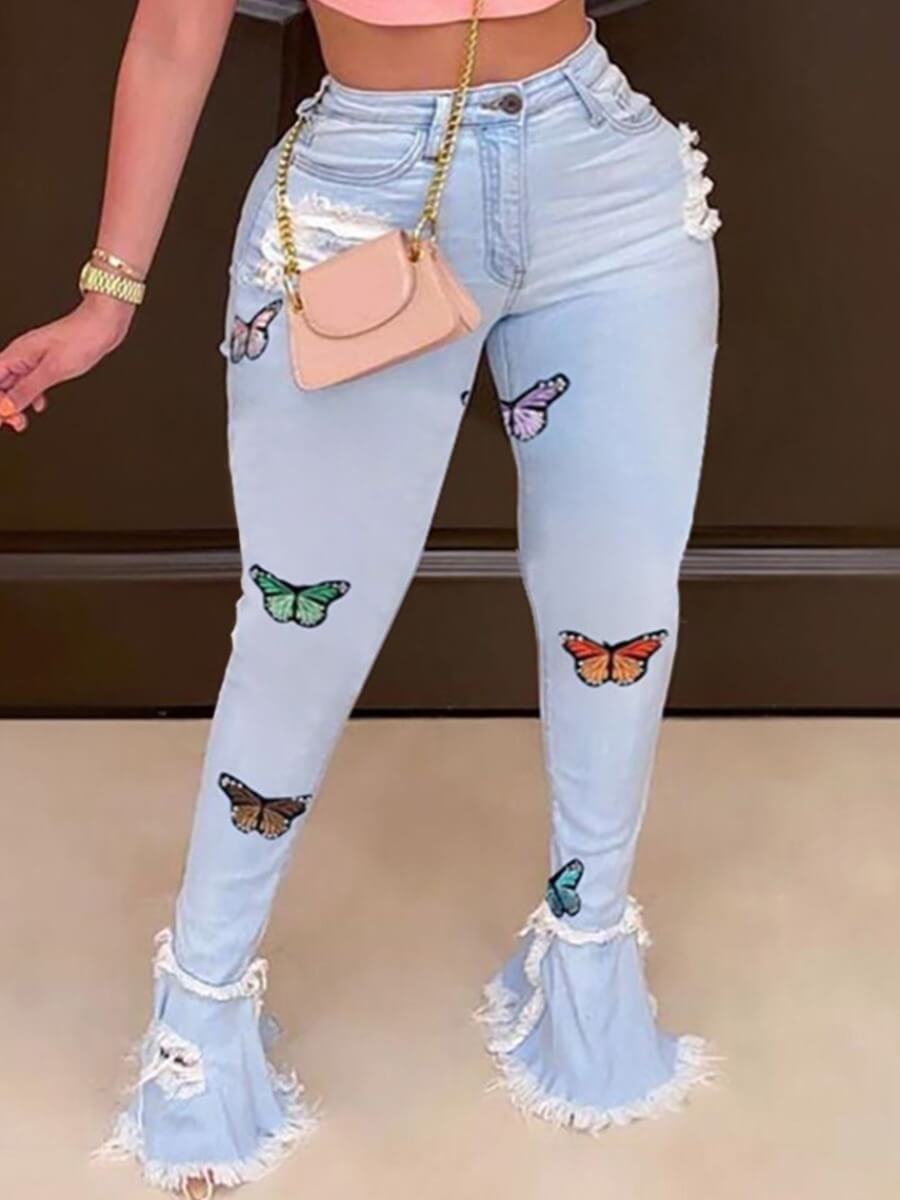 lovely Trendy Butterfly Print Baby Blue Plus Size Jeans