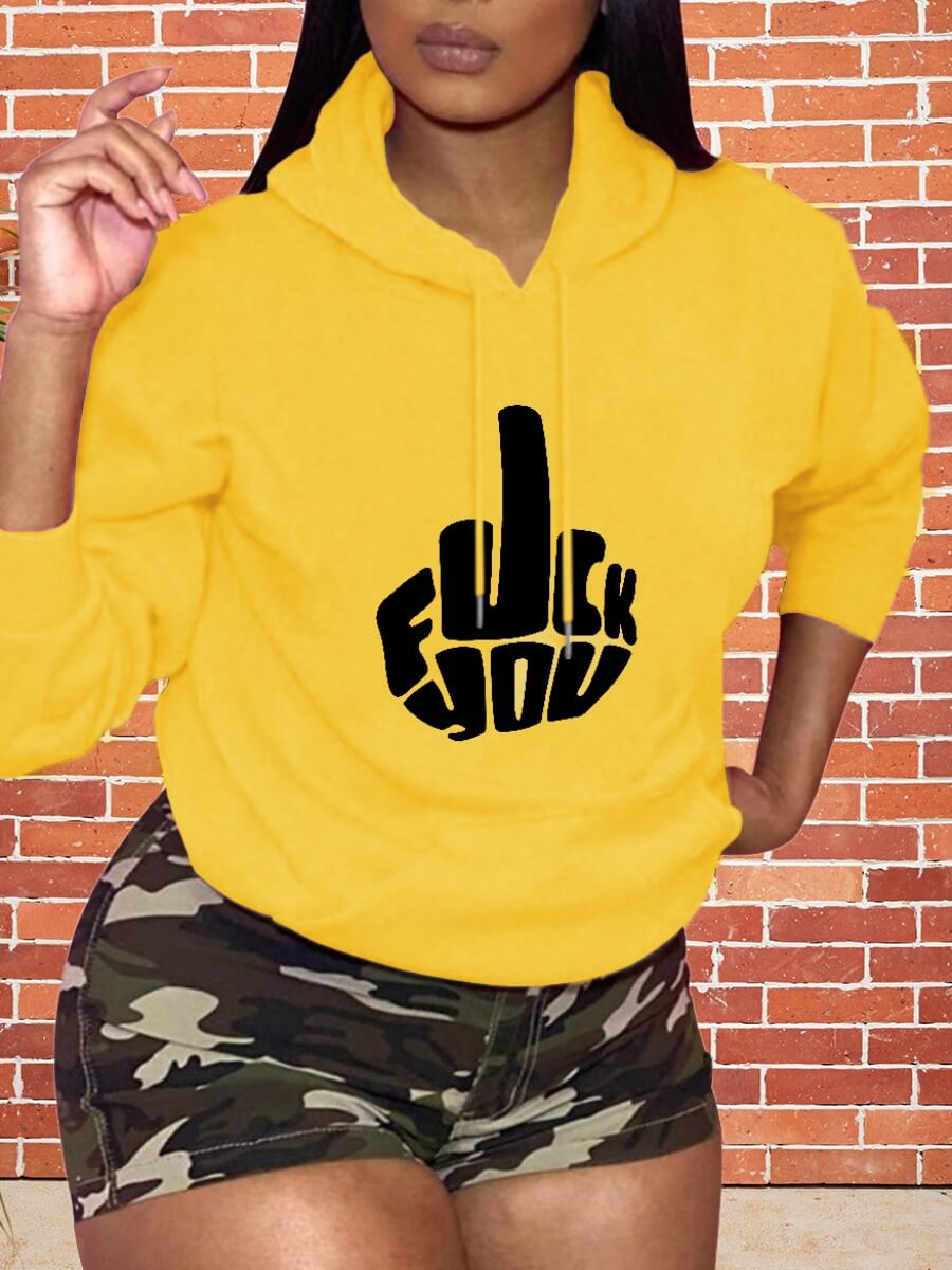 lovely Casual Hooded Collar Print Yellow Hoodie