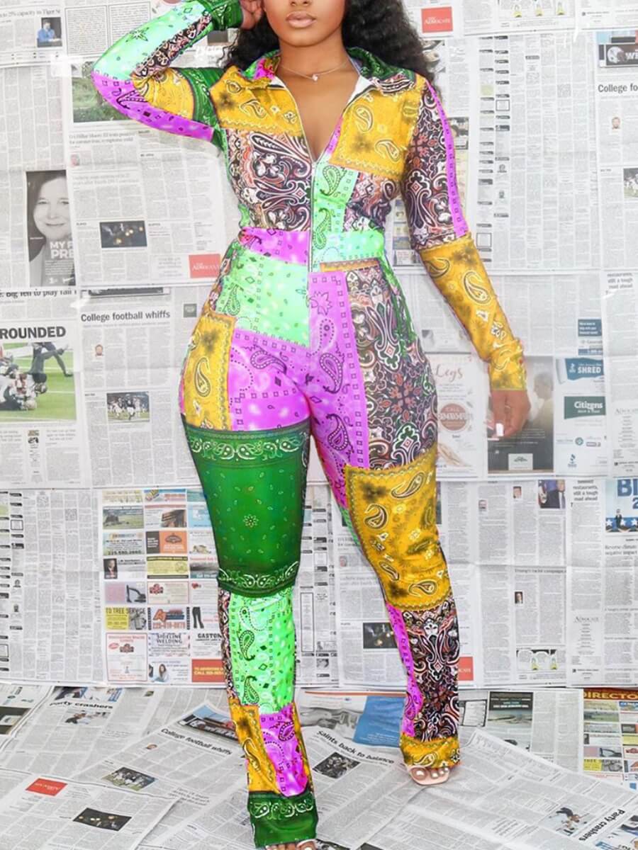 

Lovely Stylish Turndown Collar Print Patchwork Pink One-piece Jumpsuit