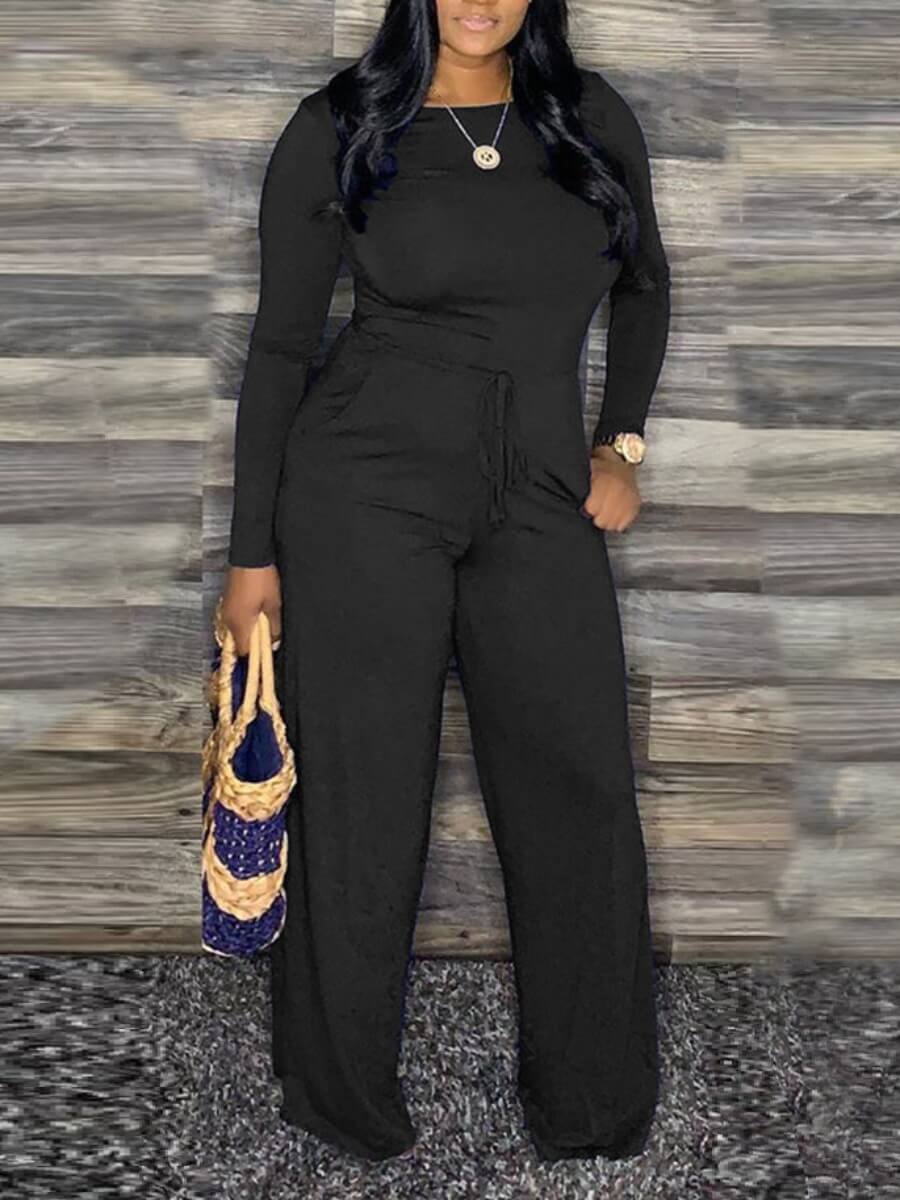 

Lovely Stylish O Neck Basic Black One-piece Jumpsuit