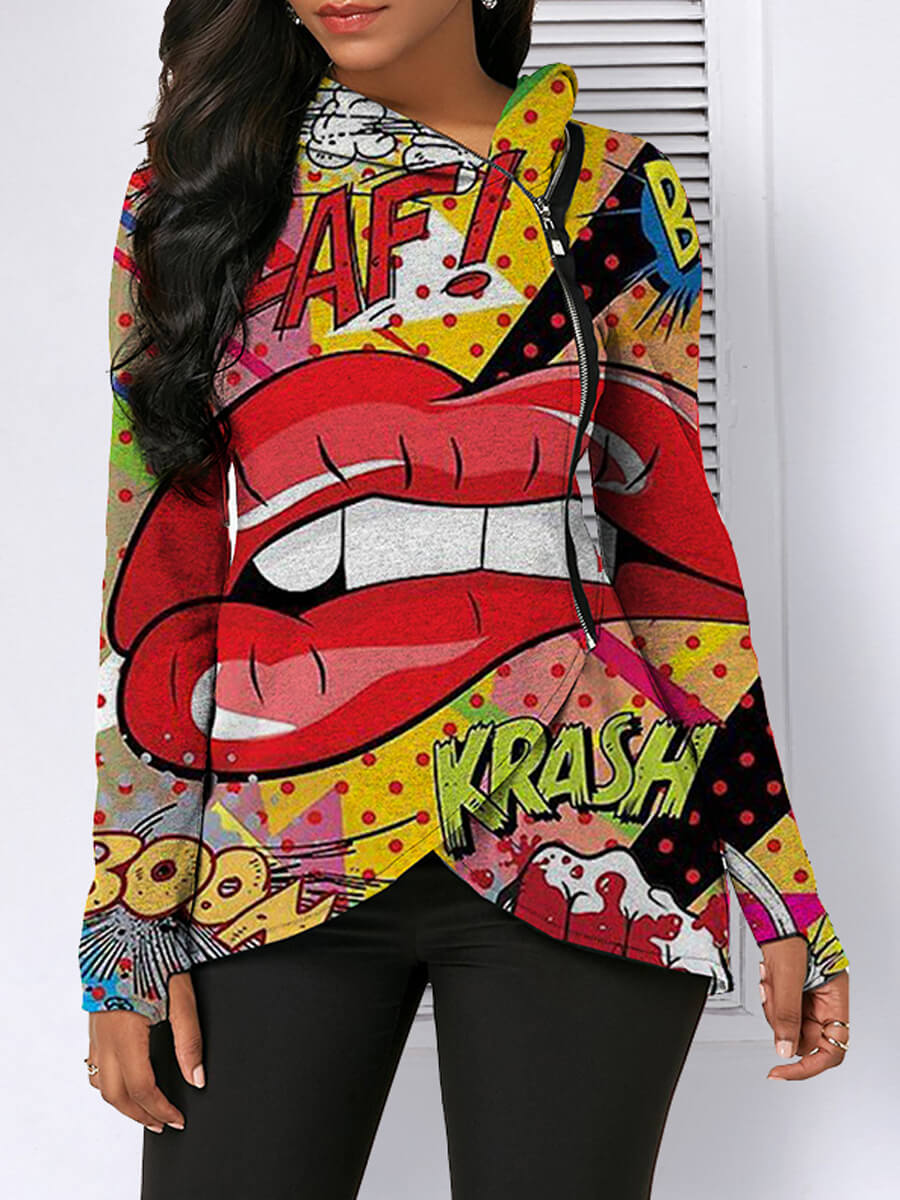 

LW Street Hooded Collar Lip Print Zipper Design Multicolor Coat, Multi