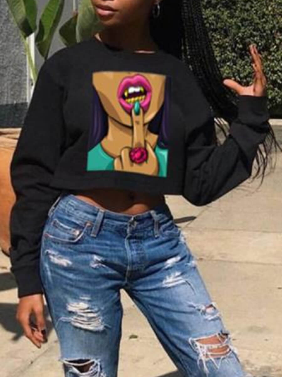 lovely Casual O Neck Print Black Hoodie