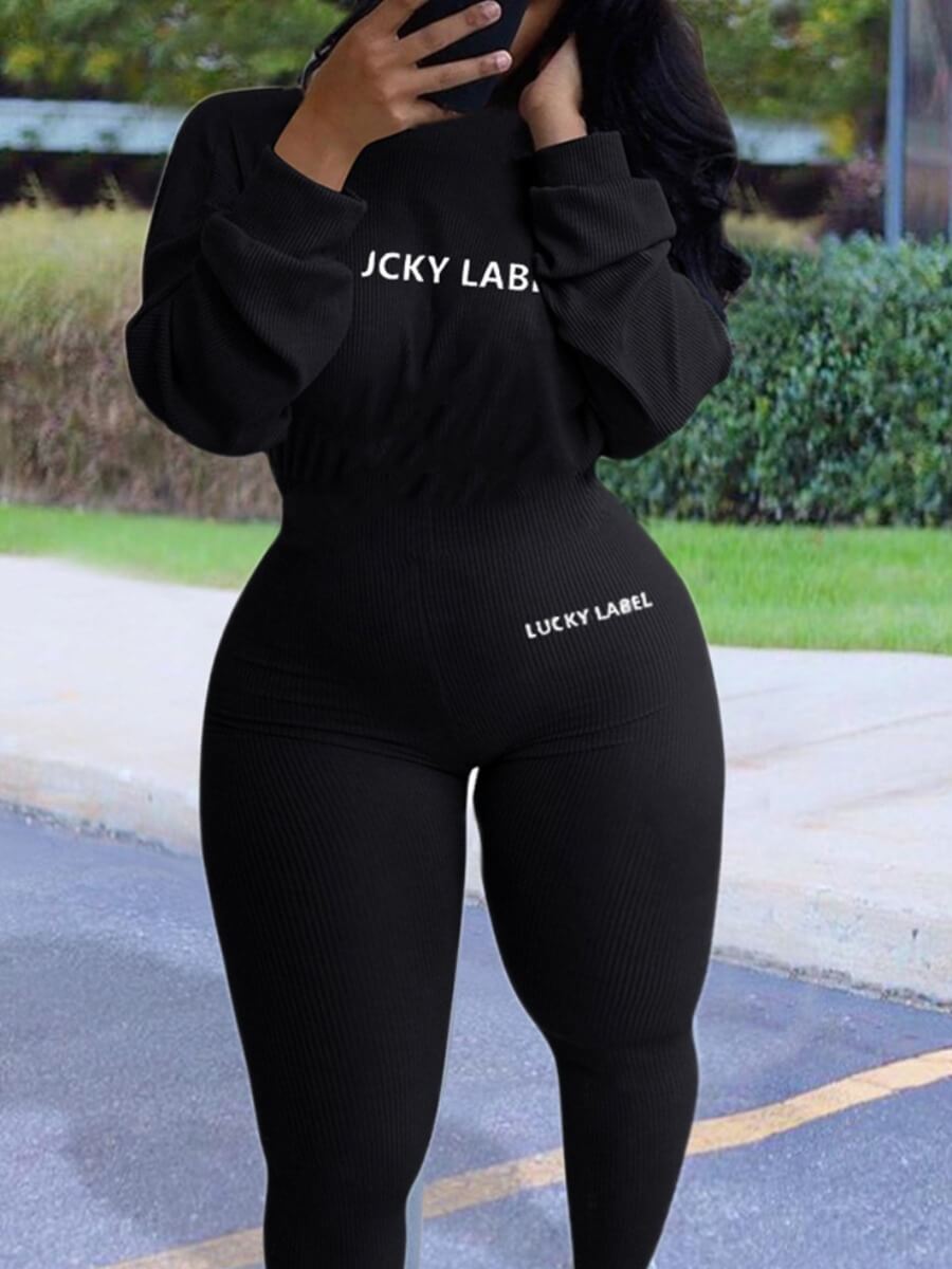 

LW BASICS Leisure Letter Print Skinny Black One-piece Jumpsuit